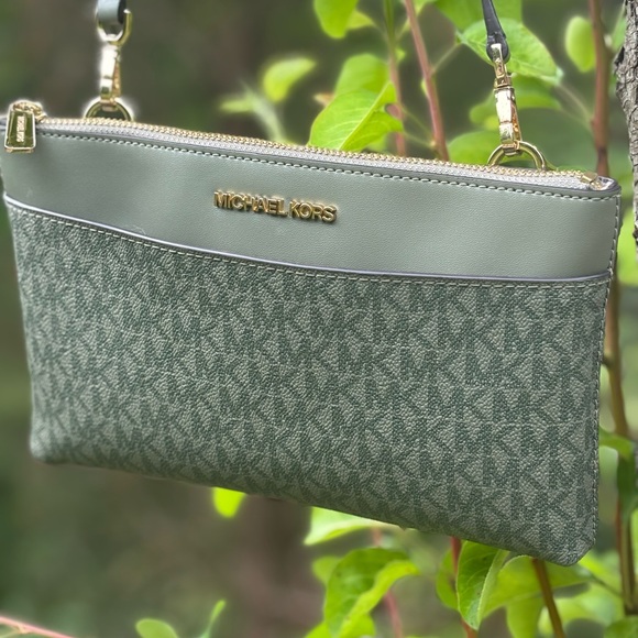 Michael Kors Olive Green Monogram Wristlet Crossbody - Picture 1 of 11
